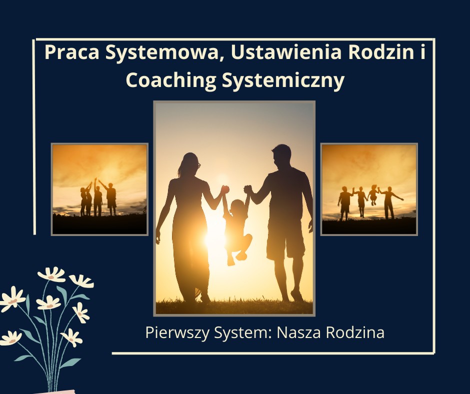 Siluety rodziny trzymającej się za ręce na tle zachodu słońca, reprezentujące Praca Systemowa, Ustawienia Rodzin i Coaching Systemiczny w Przystanek Gronówka