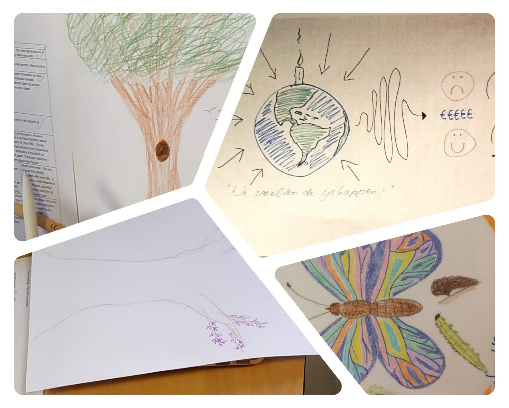 A set of drawings created during art therapy workshops at "Przystanek Gronówka," featuring a tree, a globe with waves of energy, a delicate sketch with flowers, and a colorful insect, reflecting the creative process and the expression of emotions through art.