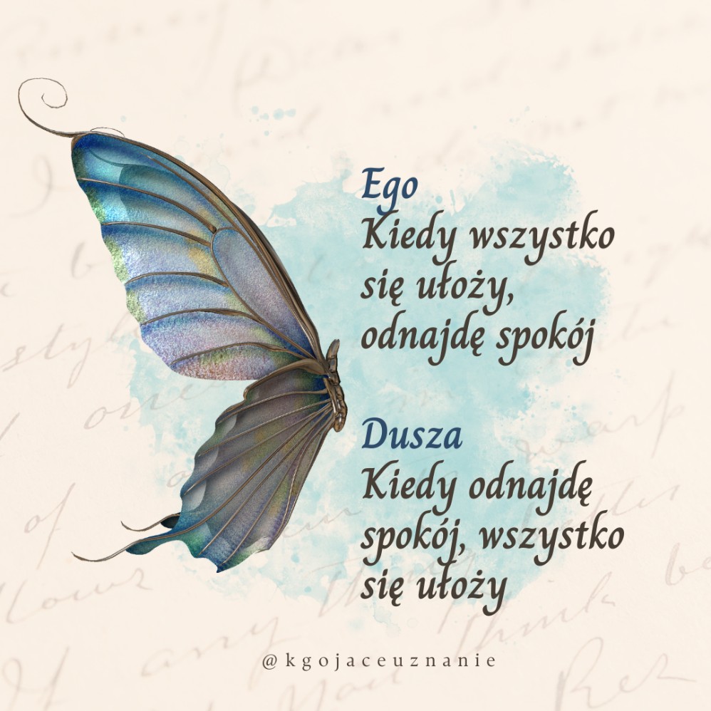 An illustration of a butterfly with a message about the ego and soul from "Przystanek Gronówka". The butterfly has beautiful, shimmering wings in shades of blue and gray on a watercolor background, with reflections on inner peace and harmony.