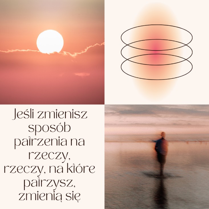 Een collage die een zonsopgang, abstracte vormen en de silhouet van een persoon tegen de achtergrond van water toont, met citaten over het veranderen van perspectief, die de filosofie van 'Przystanek Gronówka' over artecoaching en persoonlijke ontwikkeling weerspiegelt.